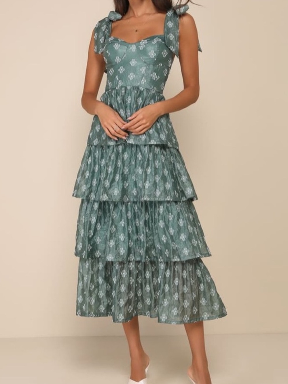 Lulu's Gorgeous Excellence Teal Green Floral Burnout Tiered Midi Dress